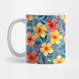 Colorful Watercolor Hibiscus on Grey Blue Mug